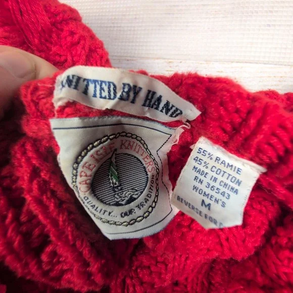 90s Cape Isle Knitters Red Cable Knit Sweater Womens Medium Hand Knit Mock Neck - Picture 2 of 7